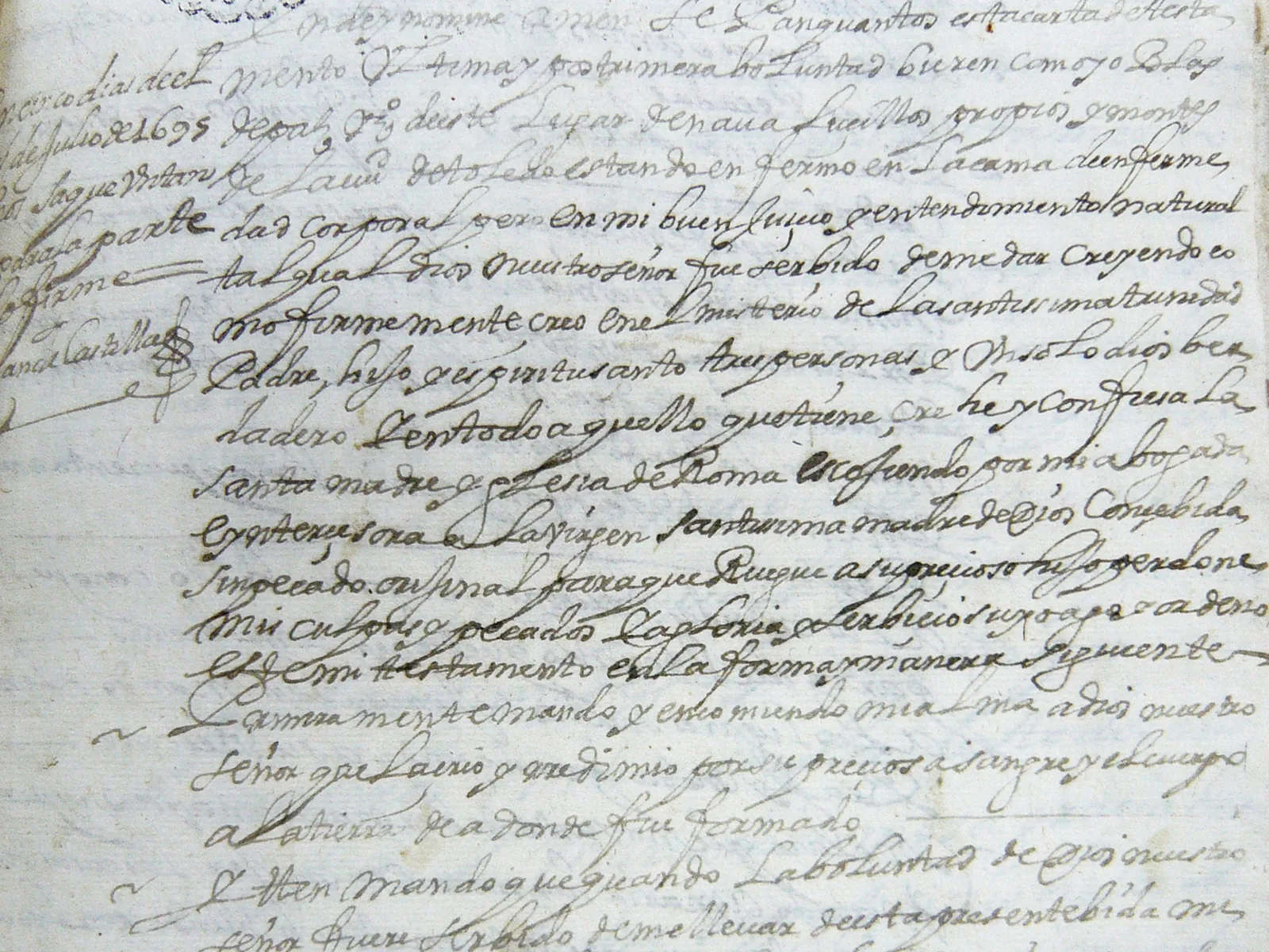 Primeras líneas manuscritas de un testamento otorgado en 1695 en Los Navalucillos, en la provincia de Toledo